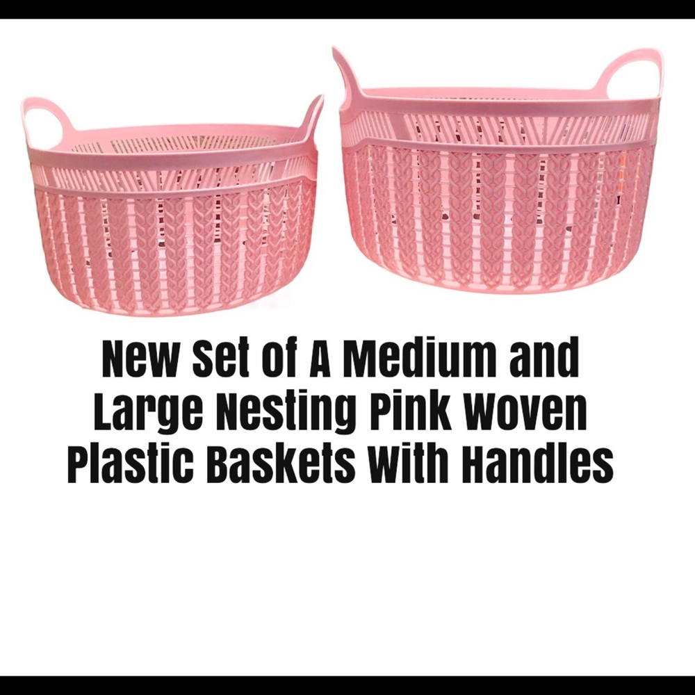 New 2 Nesting Plastic Woven Baskets w/Handles Pink